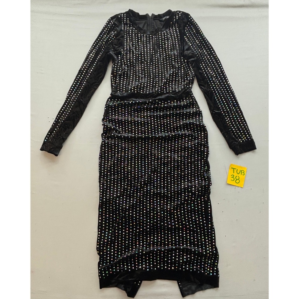 ChicMe Black Velvet Rhinestone Long Sleeve Midi Dress Ruched Slit Size L